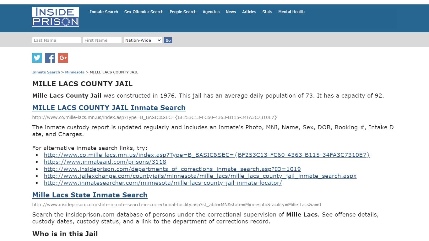 MILLE LACS COUNTY JAIL - Minnesota - Inmate Search - Inside Prison